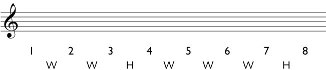 Major scale: Write the pattern of whole steps and half steps